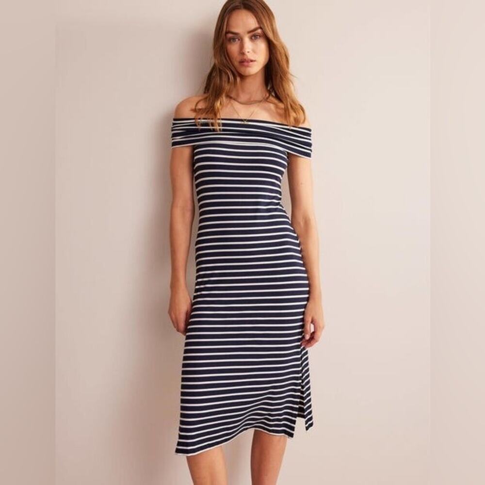 NWT Boden Bardot Jersey Midi Dress Navy White Striped Side Slit Stretchy Size 6